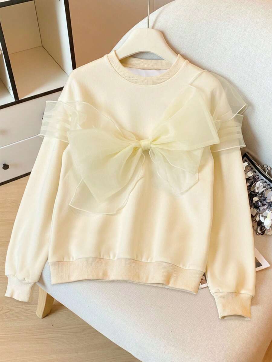 GlowEve 女式彩色蝴蝶结装饰优雅圆领长袖运动衫 - 杏色 - 查看 1