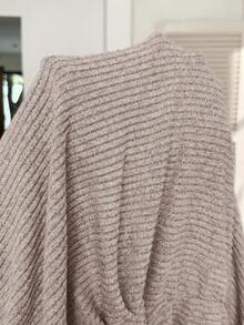 SHEIN Maternity Solid Color Ruched Oblique Shoulder Long Sleeve Ribbed Fitted T-Shirt - Apricot - View 7
