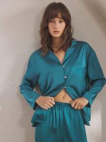 Ocili 丝滑缎面舒适宽松长袖上衣和裤子女士睡衣套装，秋冬服装 - 藏蓝色 - 查看 6