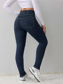 SHEIN Tall Women's Jeans Blue High Waist Skinny Plus Fleece Jeans Tall Women's Jeans Winter Jeans Thermal Denim Teddy Denim Teddy Thermal Fuzzy Fleece Teddy Women Joggers Leggings Women Jeans Fleece Leggings Winter Women Clothes Thermal - Dark Wash - View 4