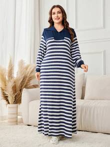 Lacomfia 大码女式休闲罗纹拼接前拉链条纹针织纹理宽松长连衣裙，适合秋冬季穿着 - 彩色 - 查看 4