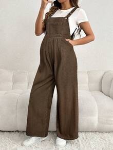 SHEIN Quần yếm denim ống rộng dài, dáng rộng có dây đeo có thể điều chỉnh dành cho bà bầu, màu xanh lam - màu nâu - Xem 6