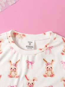 SHEIN Tween Girl Casual Rabbit Graphic Pullover Top And Pants Loungewear Set, Comfortable & Minimalist - Multicolor - View 5