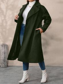 SHEIN Tall CURVE 大码女式纯色翻领长袖休闲羊毛长外套，秋冬款 - 軍綠色 - 查看 3