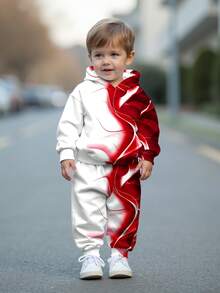 SHEIN 男婴红色晕影、红色烟雾、优越感、特殊效果、休闲简约宽松柔软针织连帽衫和裤子套装，舒适适合秋冬季、圣诞节 - 彩色 - 查看 1