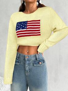 SHEIN EZwear 女士休闲国旗图案针织套头衫（米黄色），秋冬季国旗服饰，短款毛衣，美国国旗上衣，7月4日露脐上衣 - 淡黃色 - 查看 6