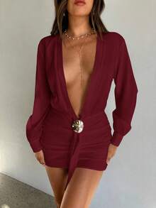 Aloruh 女士秋冬新款深V领性感长袖褶皱迷你白色连衣裙 - 酒紅色 - 查看 7