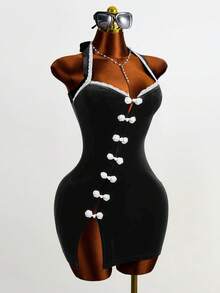 Mistrie 女士新款性感无袖露背吊带旗袍，露背设计，性感夜店风，无袖，露背，开衩，短裙，高腰，凸显腰部曲线，紧身连衣裙 - 黑色 - 查看 4