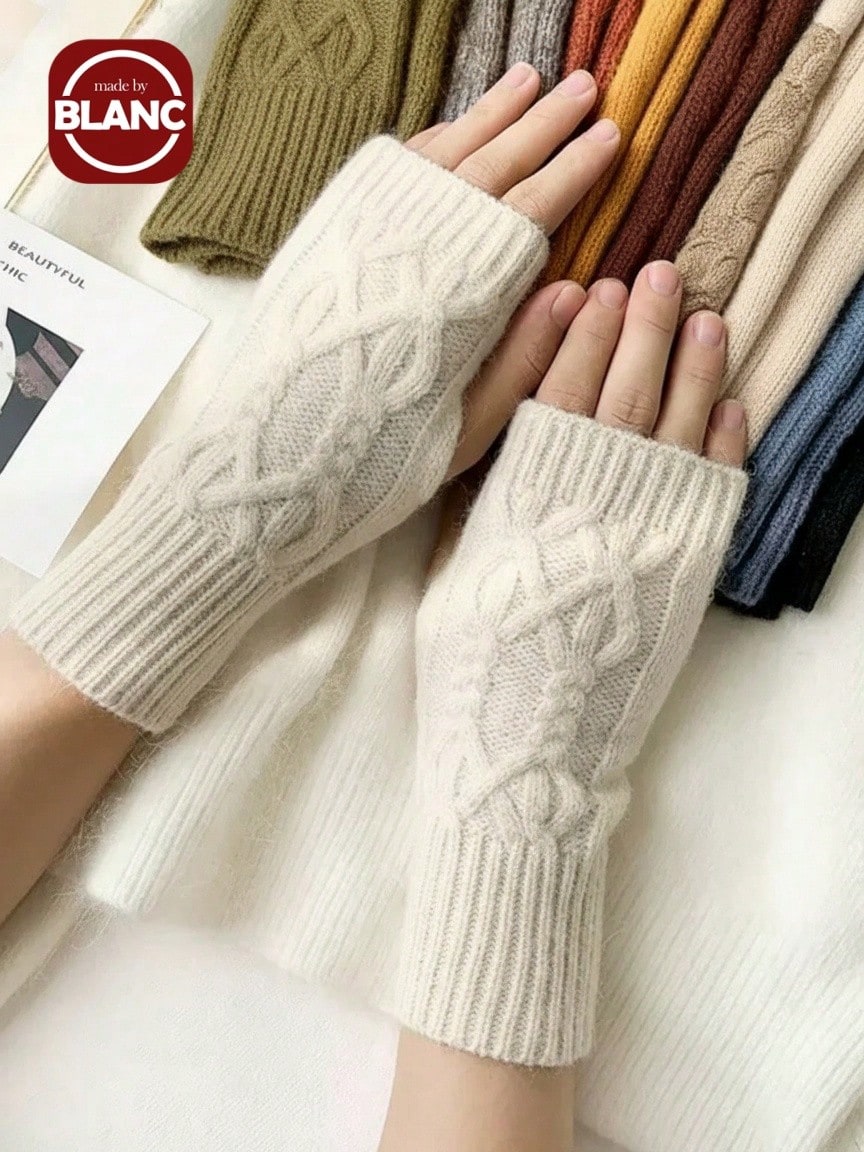 1双纯色休闲腈纶提花半指手套，秋冬针织露指手套，学生写作，保暖日常厚手套