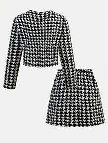 SHEIN 少女休闲简约舒适圆领开衫和半裙套装 - 黑與白 - 查看 3