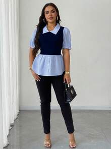 Maweii Blusa de talla grande para mujer con cuello solapa y parche a cuadros, 2 en 1