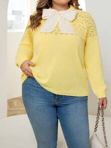 SHEIN CURVE+ Plus Size Women's Round Neck Hollow-Out Knit Top With Sheer Back Bow Decor Plus Size Pullover Sweater, Yellow/Winter - Yellow - View 5