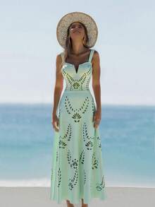 Swim Oasis V-Neck Sleeveless Women Swimsuit & Long Skirt Set - Blue - View 3