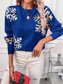 SHEIN LUNE Women's Valentine's Day Sequin Patchwork Crew Neck Long Sleeve Sweater - Royal Blue - View 4