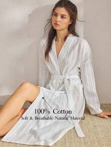 Ocili 女士宽松落肩长袖休闲睡袍，适合秋冬季节，舒适保暖 - 白色 - 查看 1