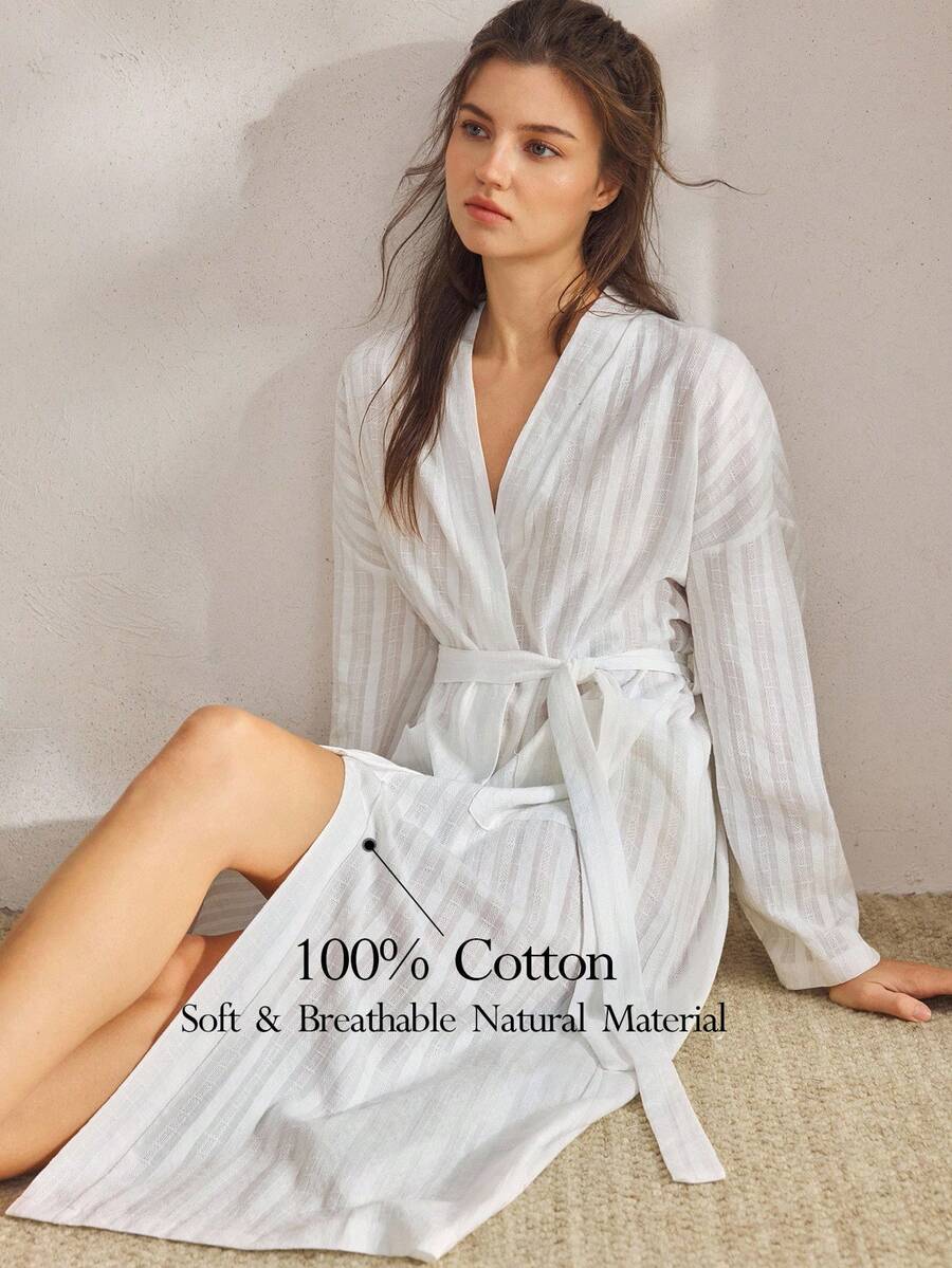 Ocili 女士宽松落肩长袖休闲睡袍，适合秋冬季节，舒适保暖 - 白色 - 查看 1