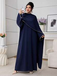 Al Najma Women's Elegant Minimalist Poncho Design Loose A-Line Arabic Style Dress - Navy Blue - View 1