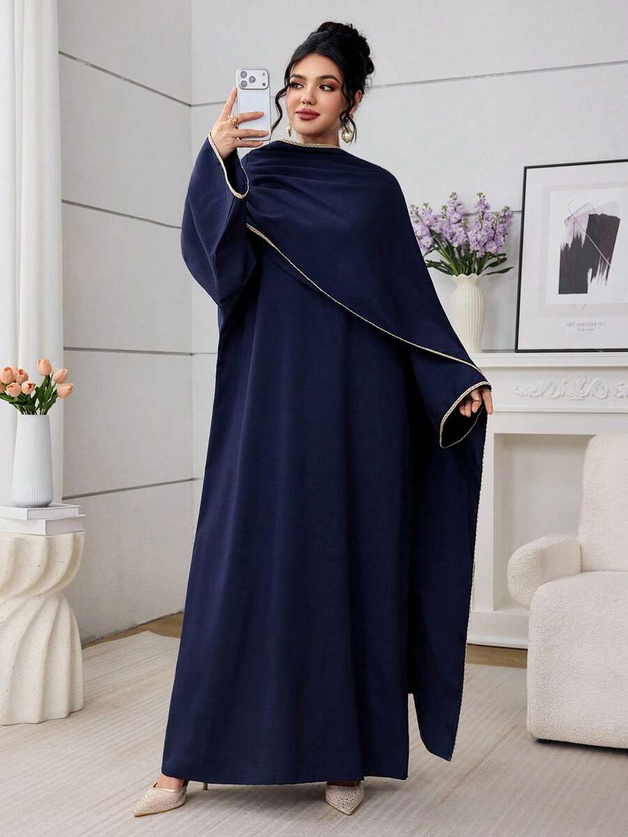 Al Najma Women's Elegant Minimalist Poncho Design Loose A-Line Arabic Style Dress - Navy Blue - View 1