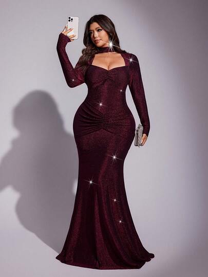 Viva Relle Plus Size Women's Elegant Party Front Pleated Round Neck High Stretch Metallic Fabric Waist A-Line Sexy Sequin Shiny Party Red Dress, Valentine's Day Women's Graceful Dress