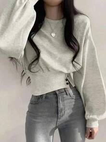 INAWLY Women's Solid Color Round Neck Drop Shoulder Long Sleeve Cinched Waist Casual Sweatshirt,Graduation,Teacher,Back To School Pullover Fall - Light Grey - View 3