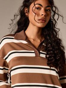 AiiRZ Langarm Poloshirt mit horizontalen Streifen, lässiges Knopfkragen Oberteil für Herbst und Winter Mode - Braun - Übersicht 7