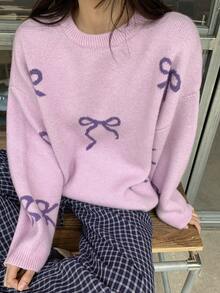 DAZY Women's Loose Fit Crew Neck Bow Decor Casual Pullover Sweater - Mauve Purple - View 2