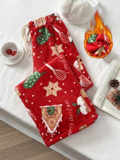 Elamini 1pc Women's Casual Straight Leg Pants With Elastic Waist, Cute Christmas Tree, Polka Dot Reindeer, Gingerbread Man Prints, Suitable For Christmas, New Year Party, Casual Daily Wear