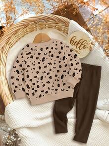 SHEIN Happikins 2pcs/Set Cute Rabbit & Leopard Print Top And Leggings Set, Baby Girl Casual Soft Thick Crew Neck Long Sleeve Sweatshirt And Skinny Pants, Suitable For Autumn/Winter Daily Wear, Christmas, New Year, Street Style, Home - Multicolor - View 2