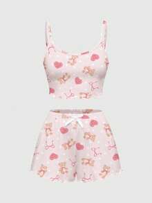 ROMWE Kawaii Bộ đồ ngủ hai dây và quần short in hình gấu hoạt hình và trái tim dành cho nữ, đồ ngủ thường ngày - Hồng - Xem 1
