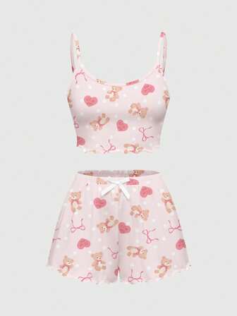 Kawaii Ensemble de pyjama femme avec débardeur et short imprimés ours et cœurs, tenue de détente