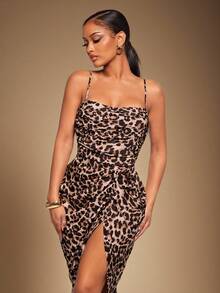 Radiana 性感优雅复古修身连衣裙，豹纹褶皱侧开衩下摆细肩带连衣裙，适合舞会、情人节 - 彩色 - 查看 8