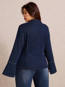 Elaquor 大码休闲/工作风喇叭袖牛仔衬衫，秋季款 - 深色水洗藍 - 查看 6