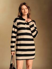 Écloséra Französischer Retro Loose Polokragen Langarm Gestricktes gestreiftes Halbplakette Knopf Khaki Damen Pulloverkleid, Herbst/Winter