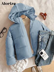 少女百搭休闲棕色冬季外套，短款高领连帽 - 淺藍色 - 查看 5