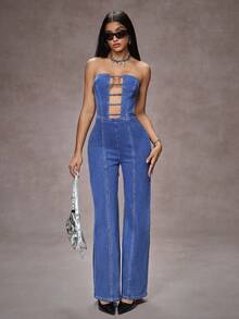 SHEIN EZwear Bộ đồ liền thân denim hở lưng gợi cảm thời trang nữ - Màu xanh lam - Xem 5