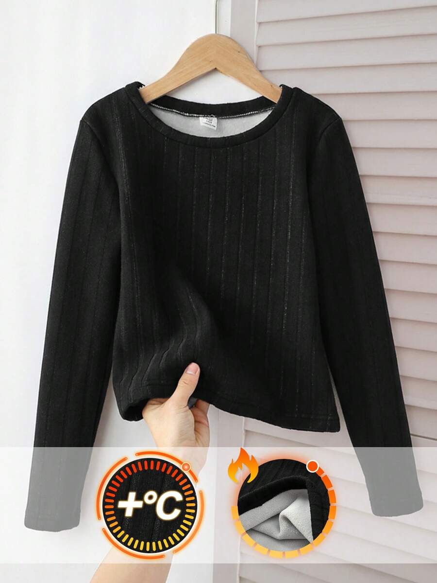 SHEIN 少女休闲彩色条纹针织圆领长袖上衣 - 卡其色 - 查看 1