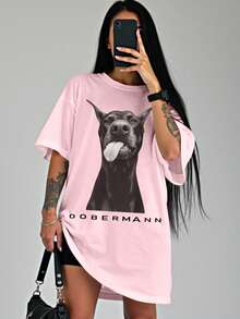 INAWLY Solva Women's Hip-Hop Style Letter & Dog Print Dropped Shoulder Sleeve T-Shirt - Baby Pink - View 1