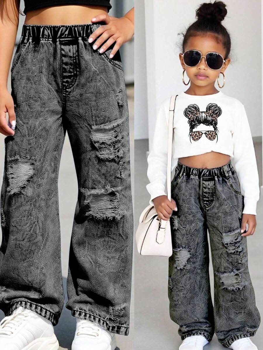 SHEIN Sparklyn Young Girls Elastic Waist Distressed Denim Wide Leg Jeans Pants, Suitable For Spring, Summer, Autumn, Winter Daily Wear, Outdoor Travel, Party - Black - View 1