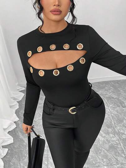 Elenzga Plus Size Women's Fashionable Street Style Sexy Metal Perforated Bodysuit