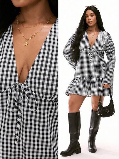 Solavibe Vestido casual de talla grande con estampado de cuadros, lazo delantero y volante en el bajo, otoño