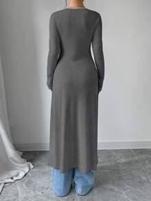 Rafferiza Áo sơ mi nữ tay dài dáng ôm, đơn hàng khuy đơn giản - Xám - Xem 2