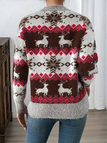 SHEIN LUNE All-Over Print Casual Versatile Crew Neck Long Sleeve Pullover Sweater, Autumn/Winter - Coffee Brown - View 2