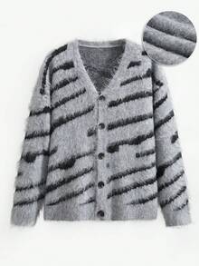 Manfinity Hypemode Cardigan Rajut Kasual Lengan Panjang Bergaris Kancing Tunggal untuk Pria, Cardigan Sweater Grunge Musim Gugur/Dingin Motif Zebra untuk Pria - Grey - View 3