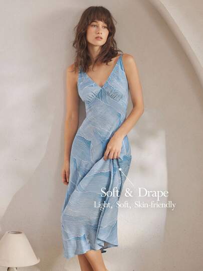 Ocili 休闲简约细肩带长裙，链条印花，舒适垂坠棉质薄纱女式睡袍，别致秋季