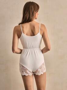 Charlaine Women's Solid Color Lace Patchwork Sleeveless Jumpsuit Pajamas - White - View 3