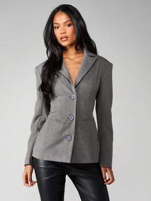 MISSGUIDED Professional Wool Blazer With Tailored Lapels Button Closure And Belt Detail For Office Work - Dark Grey - View 1