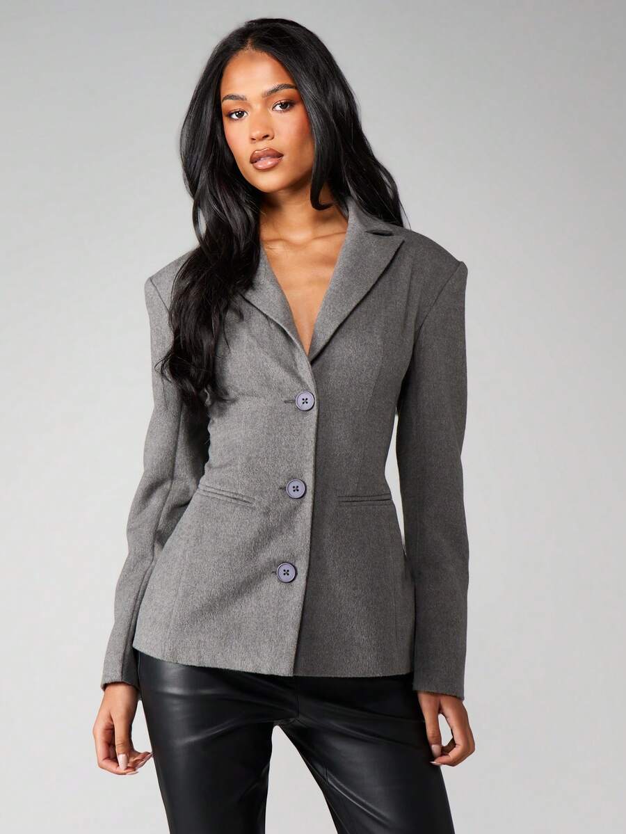 MISSGUIDED Professional Wool Blazer With Tailored Lapels Button Closure And Belt Detail For Office Work - Dark Grey - View 1