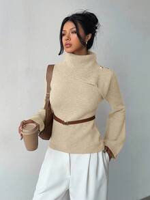 Elenzga Khaki Elegant Flared Sleeve Niche Design Collar, Paired With Brown Metal Fashionable Belt, Women Sweater For Autumn/Winter - Khaki - View 3