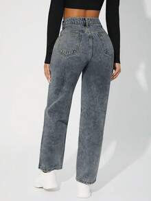 SHEIN PETITE Women's Casual Straight Leg Pocket Button Jeans - Blue - View 2