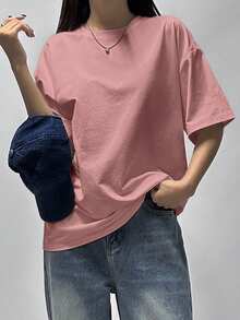 DAZY Women's Casual Versatile Solid Color Short Sleeve T-Shirt,Back To School Clothes - Pink - View 4